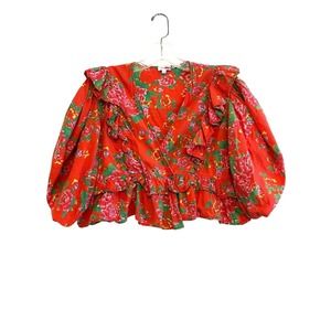 Rhode Elodie Blouse‎ Top Size Medium Red Floral Cropped Puff Sleeve Ruffle Boho